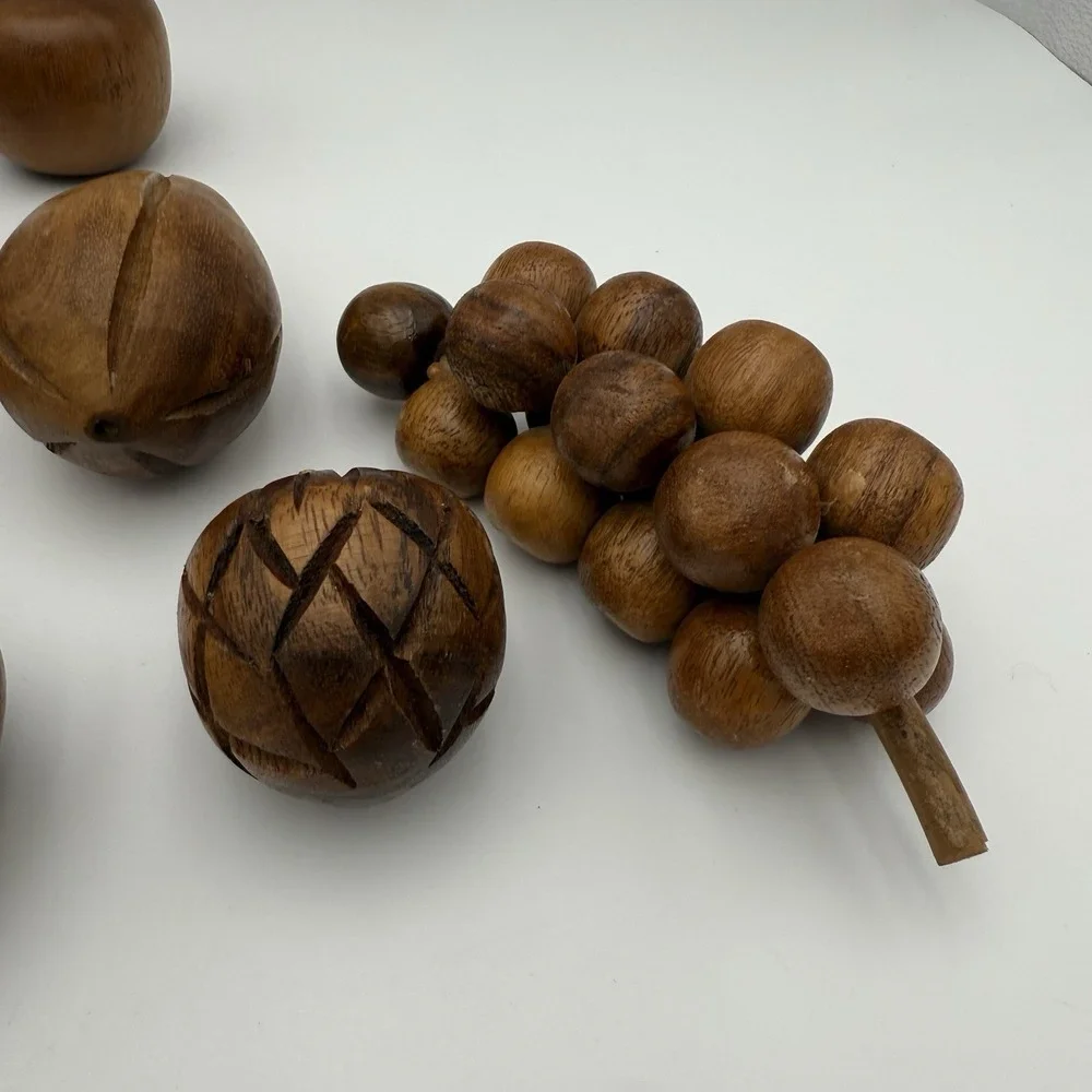 Vtg MCM Monkey Pod Wood Bowl with 12 Pieces of Wooden Fruit Farm Country English